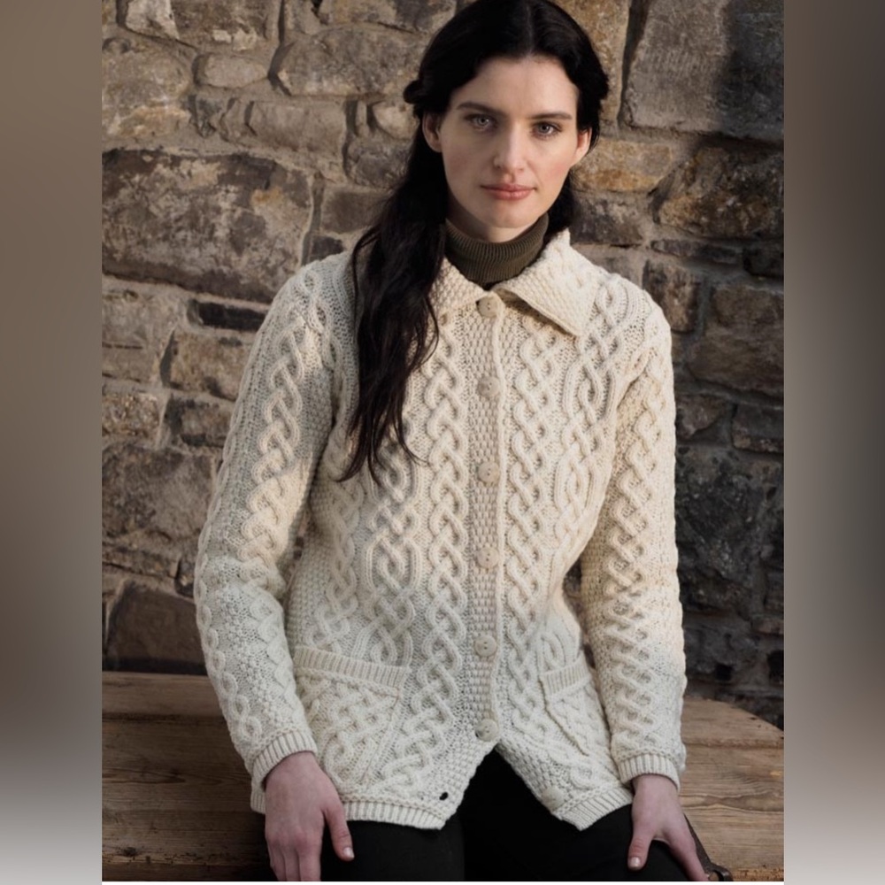 aran craft merino wool Bottom cardigan M sweater women Oatmeal Winter. W